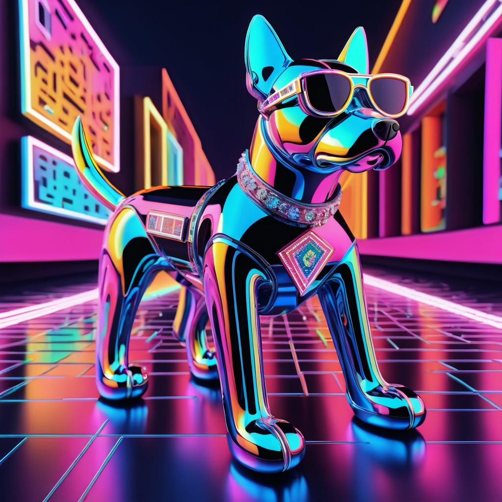 Neon Chrome Robot Dog Statue Art