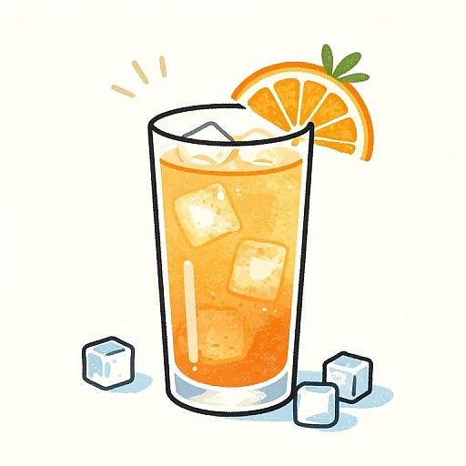 Illustration of a glass of orange ice drink with ice cubes, an orange slice garnish, and two cubes on a white background.