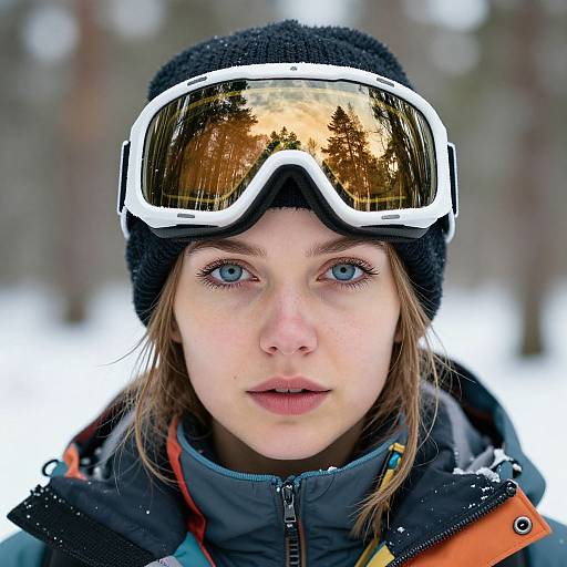 Photograph of a young woman with blue eyes, wearing black knit hat and reflective ski goggles, in a snowy forest.