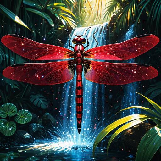 Crimson Garnet Dragonfly at Tropical Waterfall Crimson Garnet Dragonfly at Tropical Waterfall