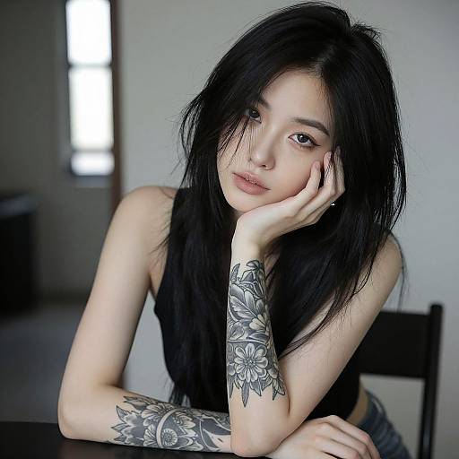 Photograph of a young Asian woman with long black hair, pale skin, and detailed floral tattoo on her right forearm, resting her head on her hand