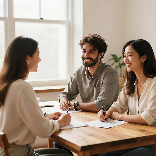 Photograph of three smiling, casually dressed professionals, two women and one bearded man, seated at a wooden table in a bright room, discussing documents