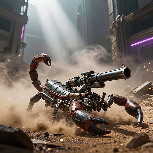 Mechanized Scorpion Sniper in Ruined Metropolis
