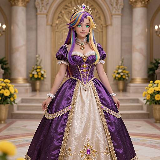 Digital art of a fair-skinned, green-eyed princess with multicolored hair, wearing a purple and gold regal gown, tiara, and