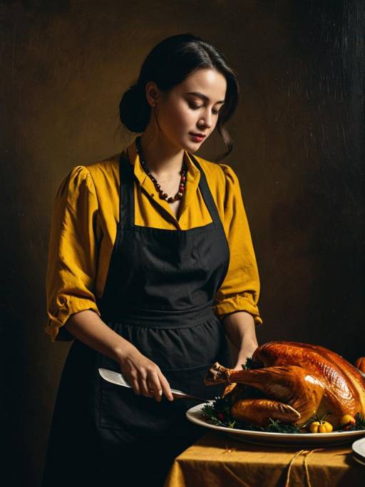 Woman Carving Thanksgiving Turkey
