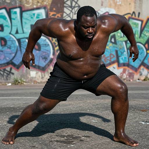 Photograph of a muscular, dark-skinned, shirtless man with short hair, wearing black shorts, in a wide fighting stance on a graffiti-covered