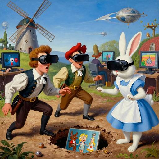 Digital painting: A male and male human, both wearing 18th-century outfits and VR headsets, chase a white rabbit in a blue maid dress