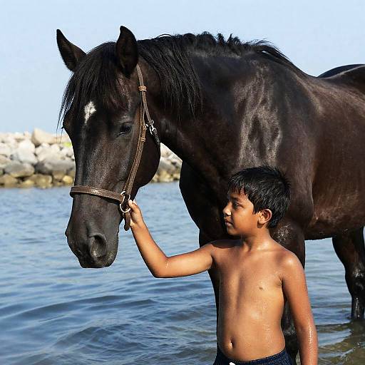 Serene Bond: Boy and Horse in Water