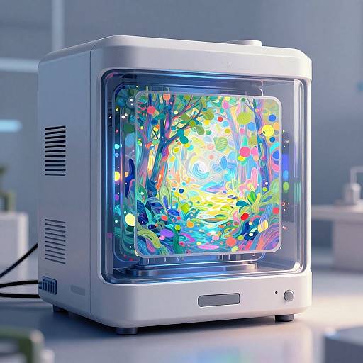 Photograph of a retro-style silver TV displaying a vibrant, abstract swirl of colorful lights and patterns in a modern, softly lit room.