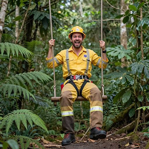 Photograph of a smiling, bearded firefighter in yellow uniform and helmet, sitting on a wooden swing in a dense, lush jungle.