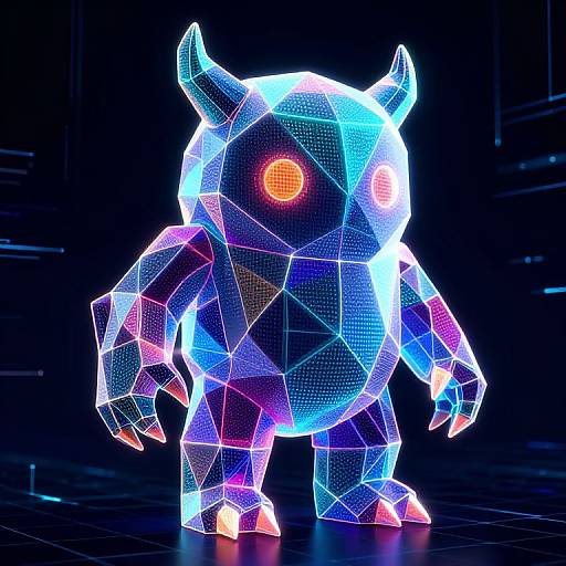 Glowing neon polygonal creature with horned head, orange eyes, and colorful geometric patterns stands against a dark, futuristic background. Digital art.