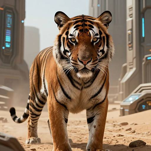 Digital artwork of a fierce, orange-and-black striped tiger standing in a futuristic, desert-like cityscape with metallic buildings and glowing panels.