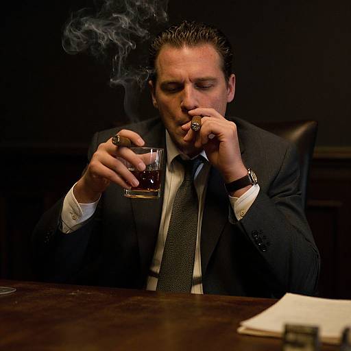 Photograph of a man in a dark suit, white shirt, and black tie, smoking from a glass, with smoke curling upward. Dark,