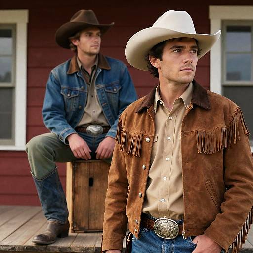 Two Cowboys Outside Rustic Building
