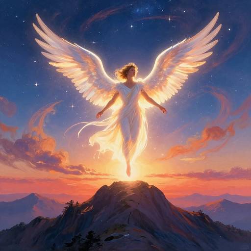 Digital painting of a glowing angel with large white wings standing on a mountain at sunset, radiant light emanating from her body.