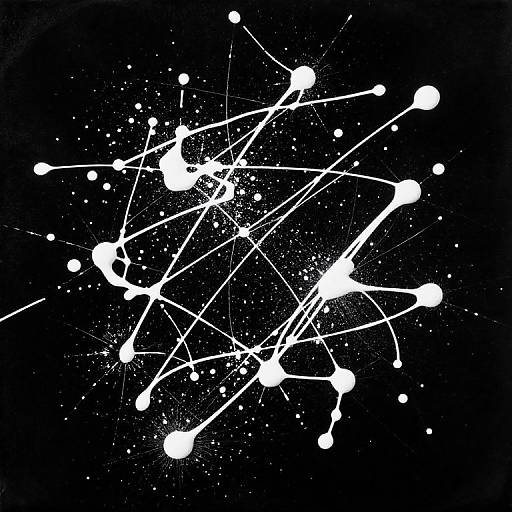 Abstract digital artwork of white, glowing star-like dots and lines against a black background, resembling a constellation or cosmic explosion.