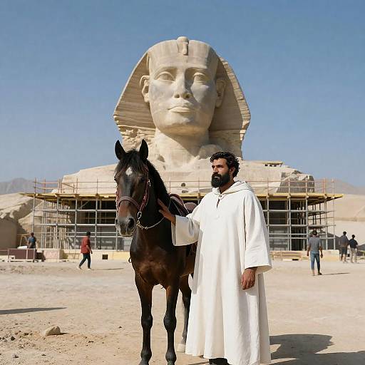 Bearded Man Beside Horse at Desert Excavation