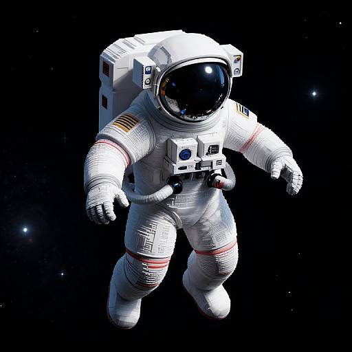 Photorealistic digital image of a white space astronaut with reflective helmet, American flag patch, red stripes, floating in black space.