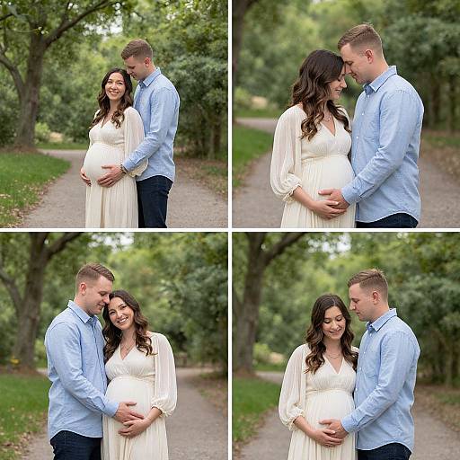 Photograph collage of a pregnant couple in a park: man in light blue shirt, woman in white dress, embracing and smiling, lush green trees in