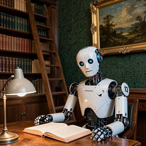 Photograph of a white, humanoid robot with blue eyes, reading an open book under a desk lamp in a dimly lit library, surrounded by book