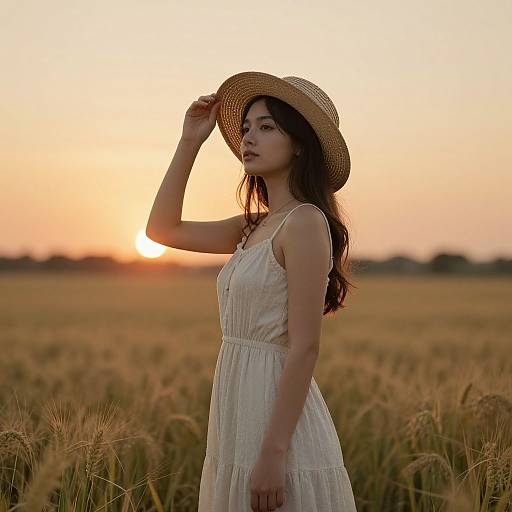 Young Woman in Golden Sunset Field