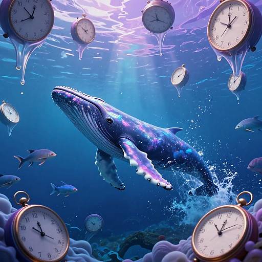 Digital artwork of a large blue whale swimming underwater, surrounded by floating clocks, fish, and water droplets, with sunlight filtering through the water.