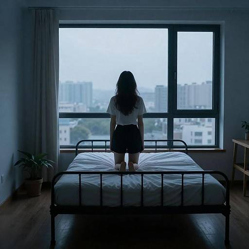 Silhouetted Woman in Blue-Lit Room