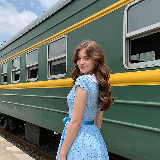 Photograph of a young woman with long brown hair in a blue polka-dot dress standing beside a green and yellow train.