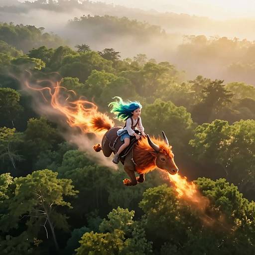 Digital art: Blue-haired girl riding fiery, glowing horse through dense, misty forest; bright sunlight filters through trees, creating dramatic contrasts.