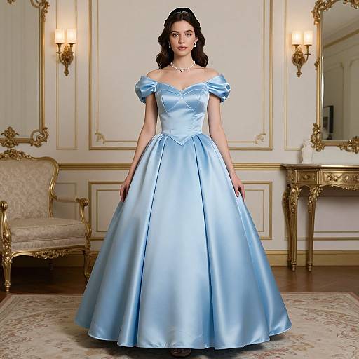 Photograph of a woman with dark hair in a light blue, off-shoulder, satin ball gown, standing in an elegant, ornately decorated