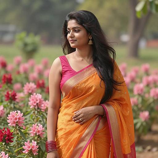 Indian Woman in Orange Saree in Flower Garden