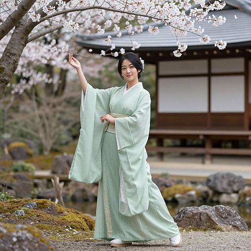 Photograph of a smiling Japanese woman in a light green kimono, standing under cherry blossoms, raising her right hand, with a traditional wooden house