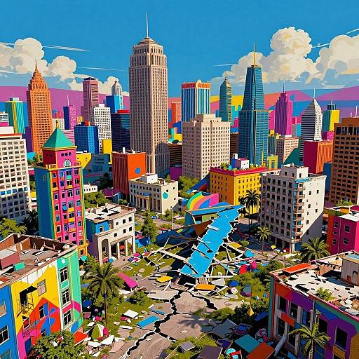 Vibrant digital illustration of a colorful, futuristic cityscape with tall, multicolored skyscrapers, blue sky, clouds, and palm trees