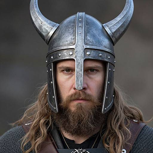Photograph of a bearded man with long brown hair, wearing a metallic Viking-style horned helmet and dark chainmail, with a serious expression.