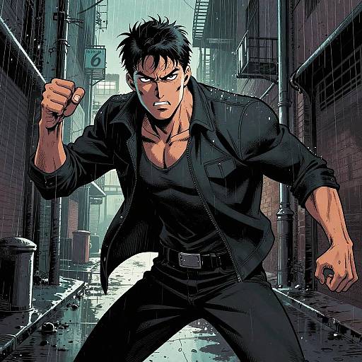 Digital manga-style drawing of a muscular, black-haired man in a black shirt and pants, clenched fist, intense expression, in a rainy, narrow