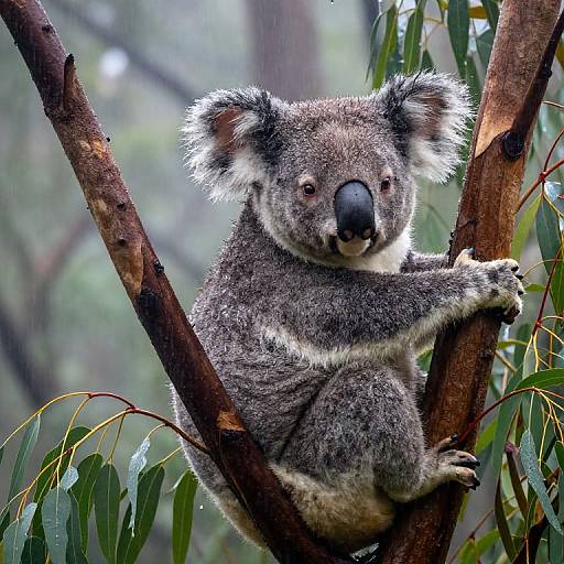 Wet Koala on Rainy Eucalyptus Branch