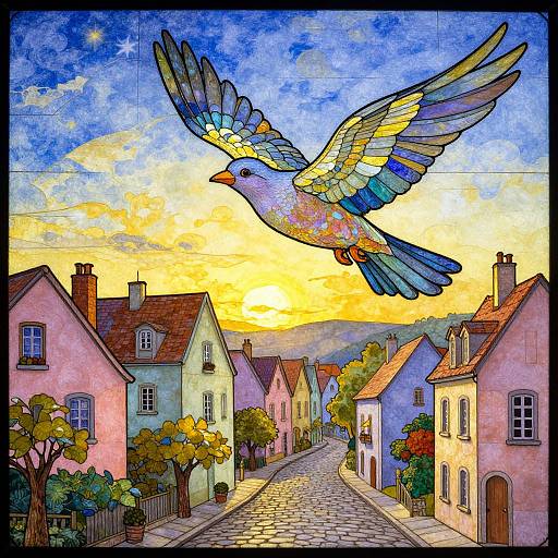 Vibrant digital painting of a colorful bird flying over a quaint, cobblestone street with pastel houses and a bright yellow sunset sky.