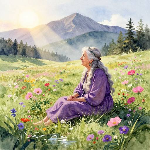 Digital painting of a serene elderly woman with white hair, wearing a purple dress, sitting in a colorful meadow of flowers, with a mountain and sun