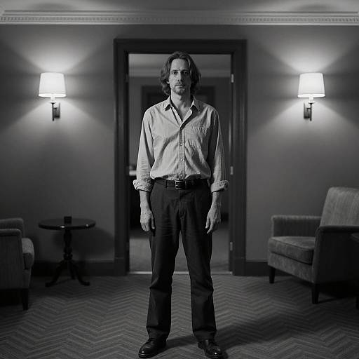 Black and White Portrait of Man in Dimly Lit Room