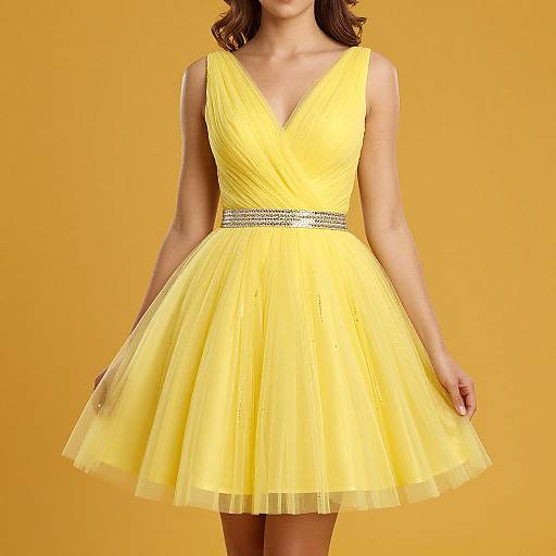 Photograph of a woman in a sleeveless, V-neck, yellow chiffon dress with a silver beaded waistband, standing against a solid yellow