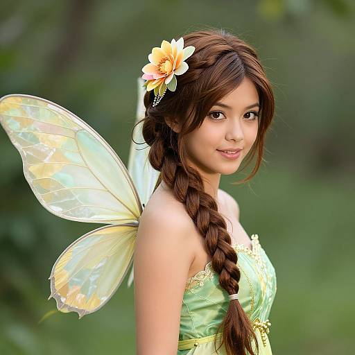 Photograph of an Asian fairy with long brown braid, yellow-green dress, flower in hair, translucent butterfly wings, smiling in lush green forest.