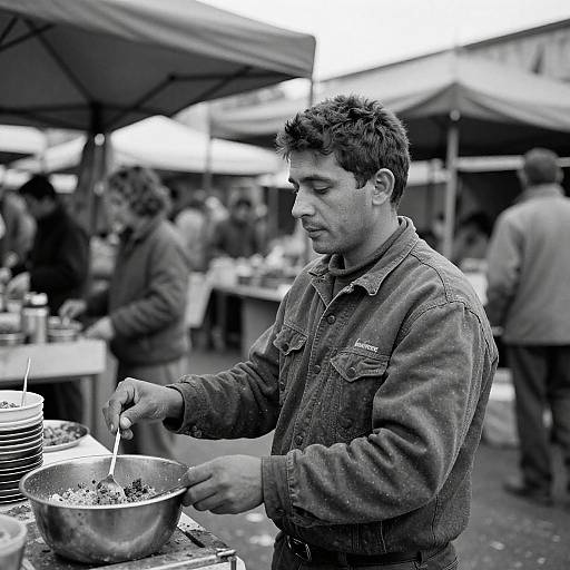 Black-and-white photograph of a man in a denim shirt serving food at an outdoor market, with blurred vendors and stalls in the background.