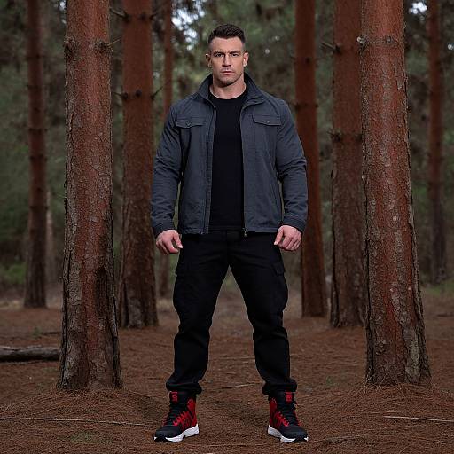 Muscular man standing in pine forest