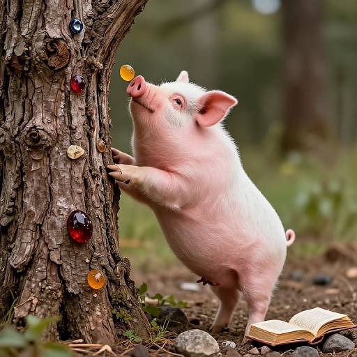 Photograph of a pink piglet standing on hind legs, reaching for colorful jelly beads on a tree in a forest, near an open book on the