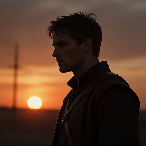 Silhouetted male with messy hair, wearing a jacket, stands in profile against a vibrant sunset with orange and purple sky.