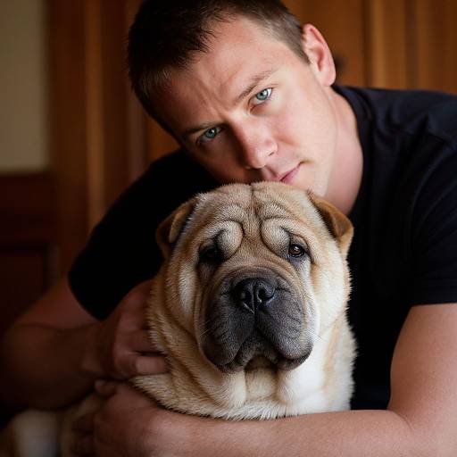 Photograph of a man with short brown hair, blue eyes, and black shirt, gently holding a pug with a wrinkled face, against a