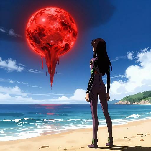 Anime-style digital artwork of a dark-haired woman standing on a beach, gazing at a massive, red, glowing, cloud-like celestial object above a