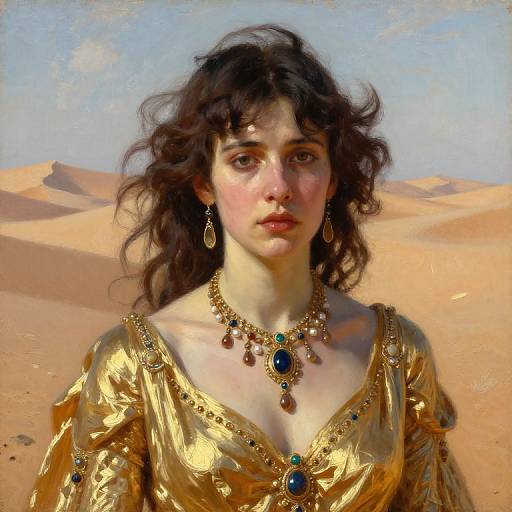 Digital painting of a fair-skinned woman with curly dark hair, wearing a gold, jewel-embellished dress and necklace, standing in a desert
