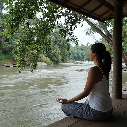Photograph of a woman with dark hair in a ponytail, wearing a white tank top and gray pants, meditating on a wooden porch overlooking a