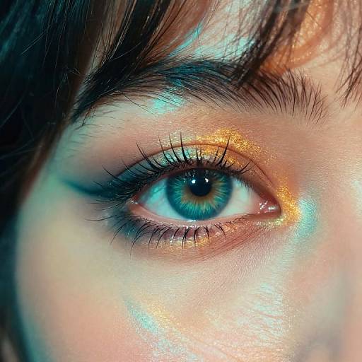 Close-up photograph of a blue-eyed person's eye, featuring shimmering orange and blue eyeshadow, thick black eyelashes, and dark eyebrows.